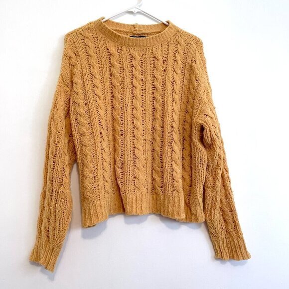 AMERICAN EAGLE Impossibly Soft Cable Knit Chenille Sweater Solid Mustard Yellow - Picture 2 of 16